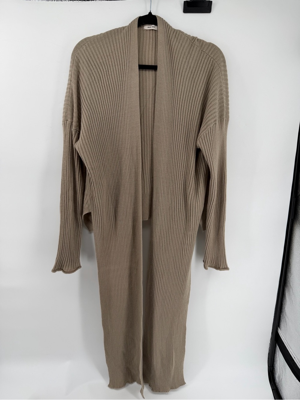 MOD REF Beige Taupe Ribbed Knit Long Duster Cardigan Open Front Sweater